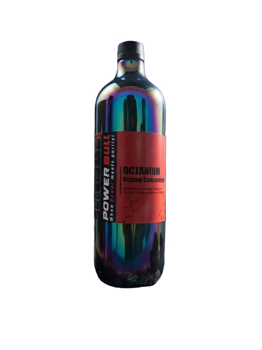 Neon-colored bottle labeled 'Power Bull' on a dark background with smoke and rocks.
